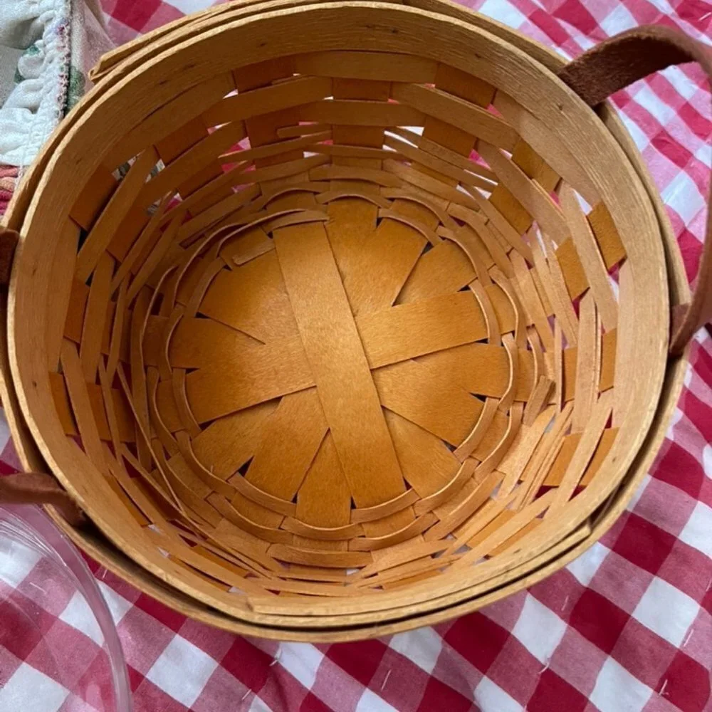 VTG Longaberger 1999 Button Basket Leather Straps W/ Protector & Fruit Liner Set
